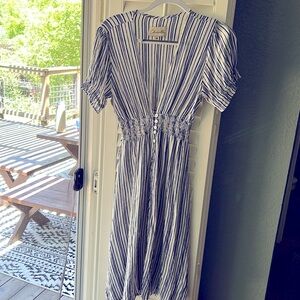 Cleobella Striped Midi Dress Size Medium V Neck Full Skirt Blue & White